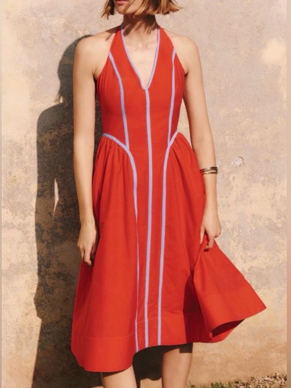 Maeve Sleeveless Red Halter Midi Dress with Contrast Piping